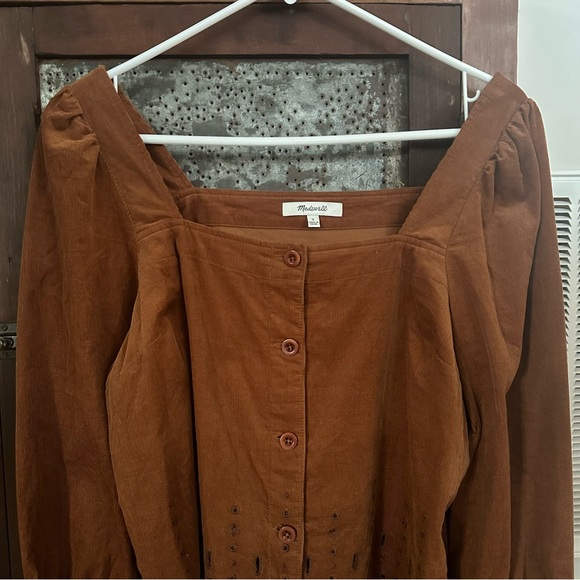 Madewell Embroidered Eyelet Corduroy Tie-Sleeve Top Small Rust Color Scalloped - Picture 6 of 7
